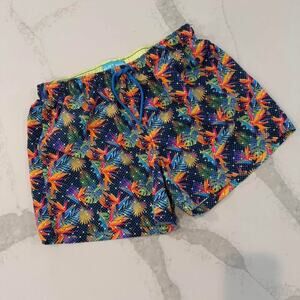Happy Hour Blue Nylon Leaf Print Drawstring Swim Trunk Board Shorts Men’s Large